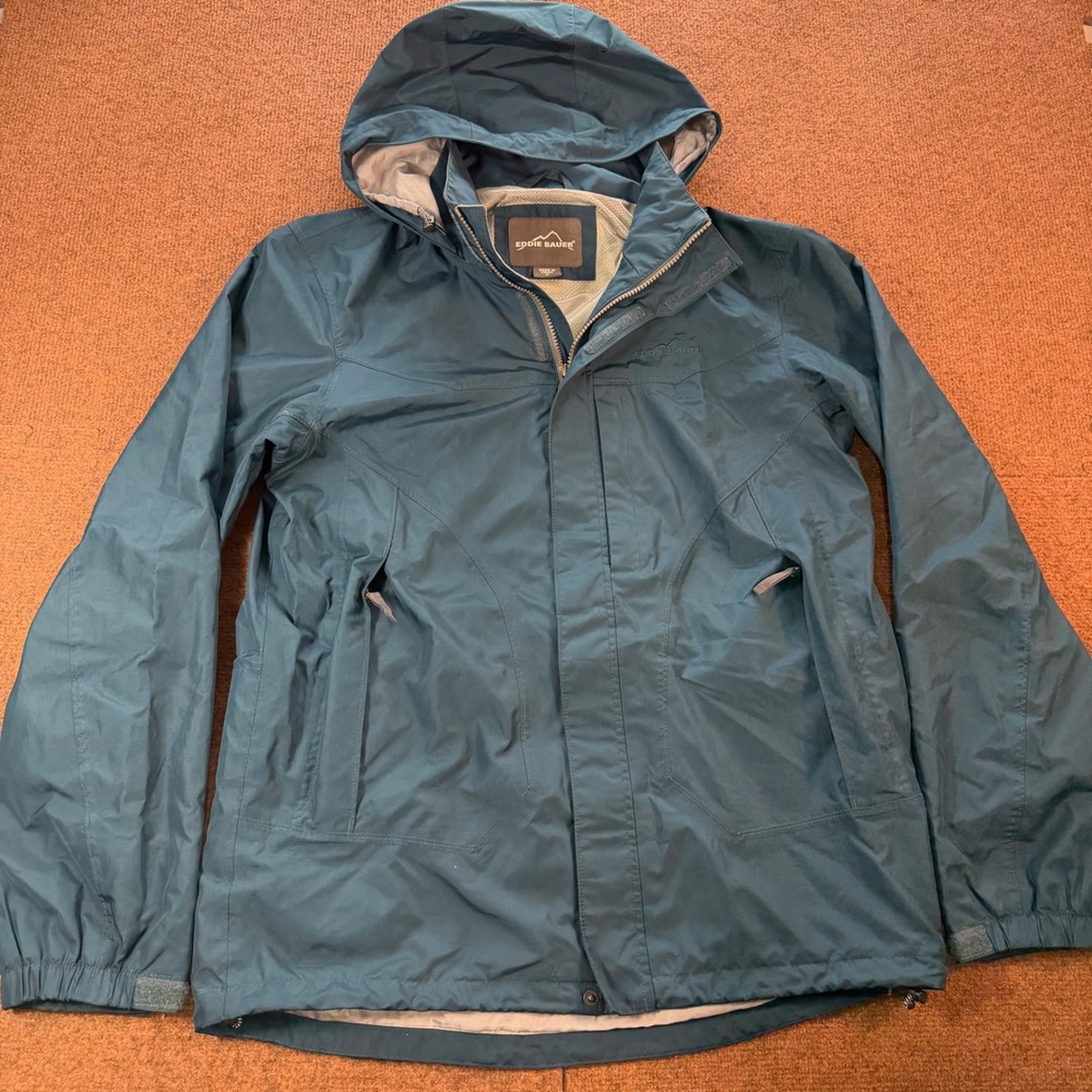 A+ Eddie Bauer WeatherEdge Rain Jacket Mens Medium Blue Waterproof Hooded Shell